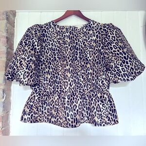 H&M Leopard Print Puffed Sleeve Peplum Top, Elastuc Waist, Keyhole Neck, sz XL